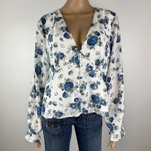 Modcloth Blue Floral Western print Bell Sleeve Top